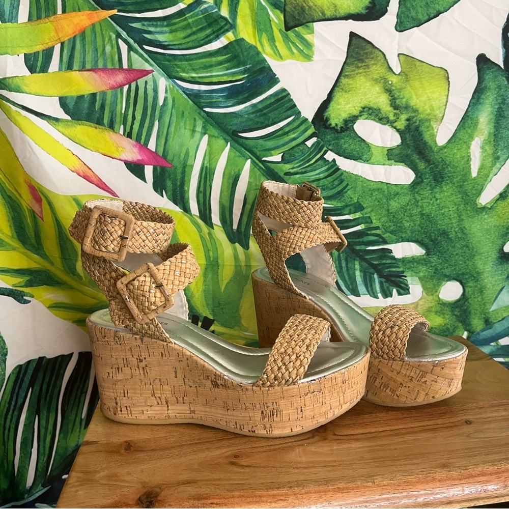 Donald J. Pliner 9.5M Tan Silver Metallic Double Buckle Cork Wedge Preppy Sandal